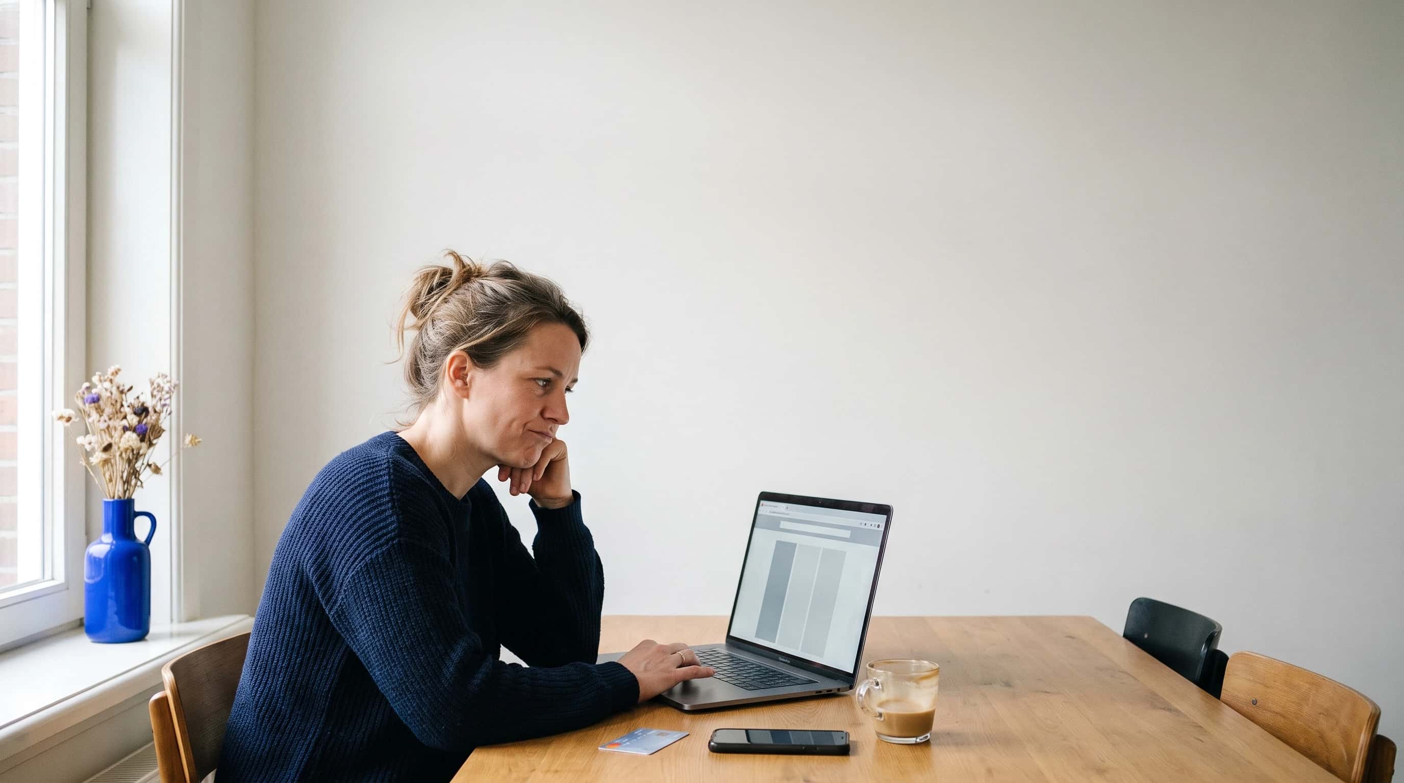 Een zzp’er aan een keukentafel vergelijkt op een laptop abonnementen, met een telefoon en een bankpas naast het toetsenbord