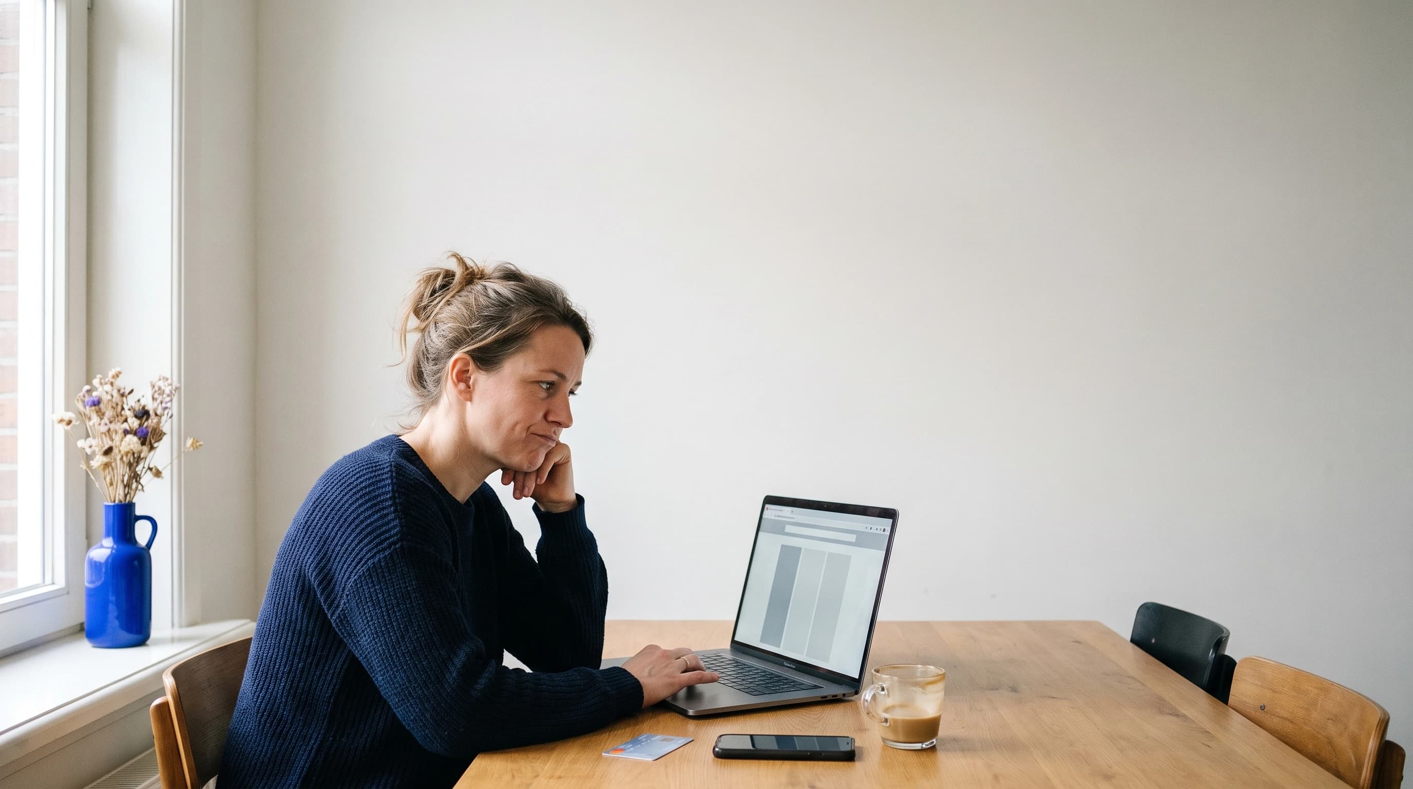 Een zzp’er aan een keukentafel vergelijkt op een laptop abonnementen, met een telefoon en een bankpas naast het toetsenbord