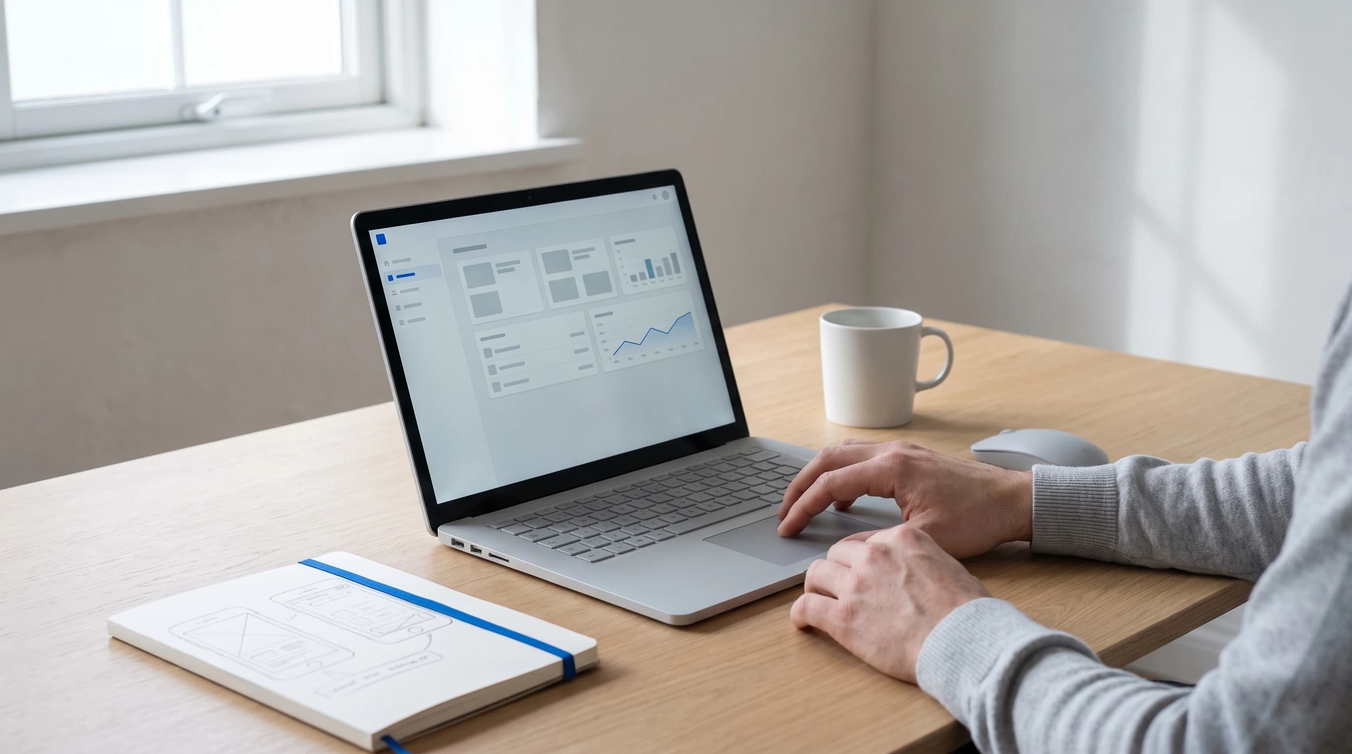 Handen op het toetsenbord van een laptop met een eenvoudige webapplicatie op het scherm, notitieboek met schetsen ernaast