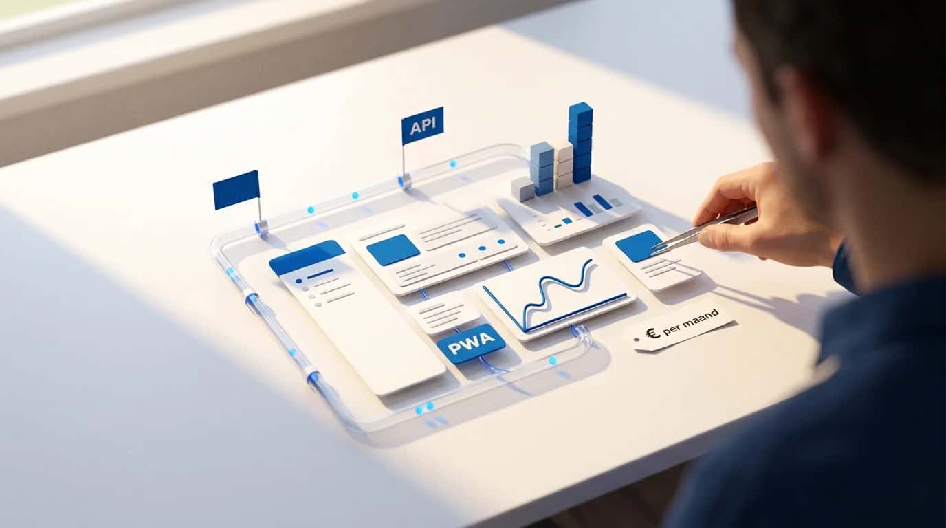 Schematische weergave van een web applicatie met dashboard, klantportaal en API-architectuur