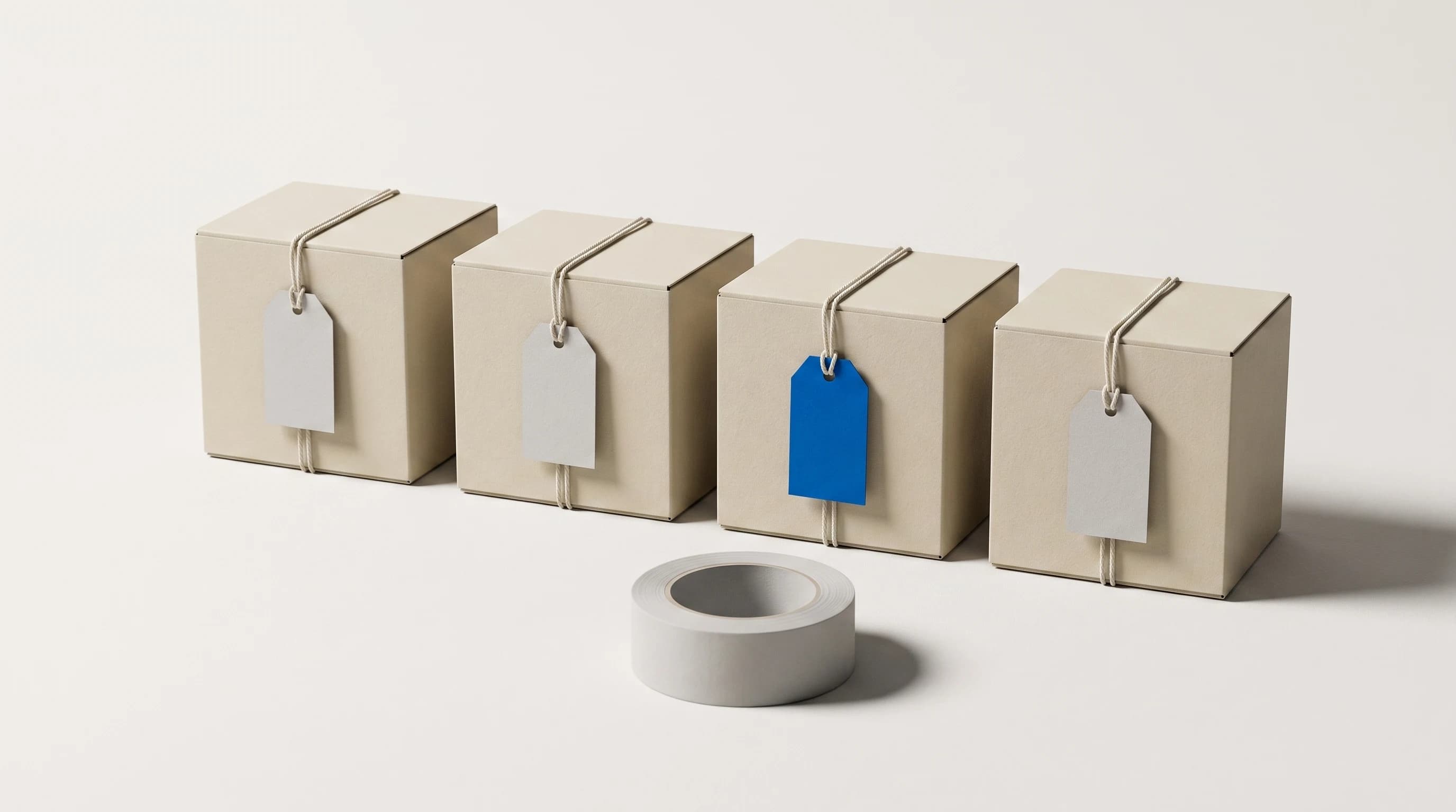 Vier kartonnen doosjes op een rij met blanco labels, het derde label in blauw, tape ervoor
