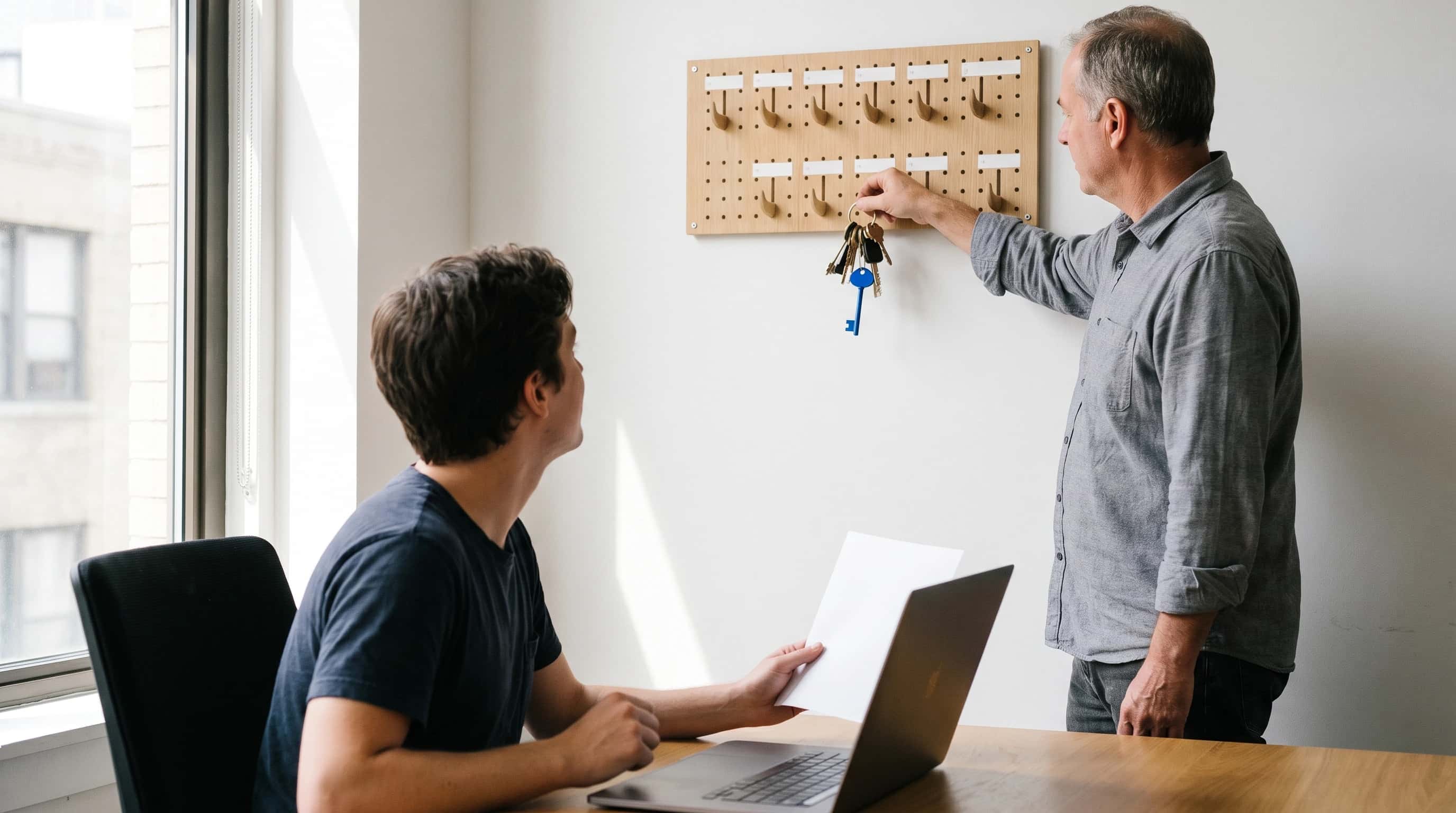 Een IT-medewerker hangt negen verschillende sleutels aan een houten sleutelbord met lege haakjes, terwijl een collega met een laptop en een uitgeprint overzicht meekijkt