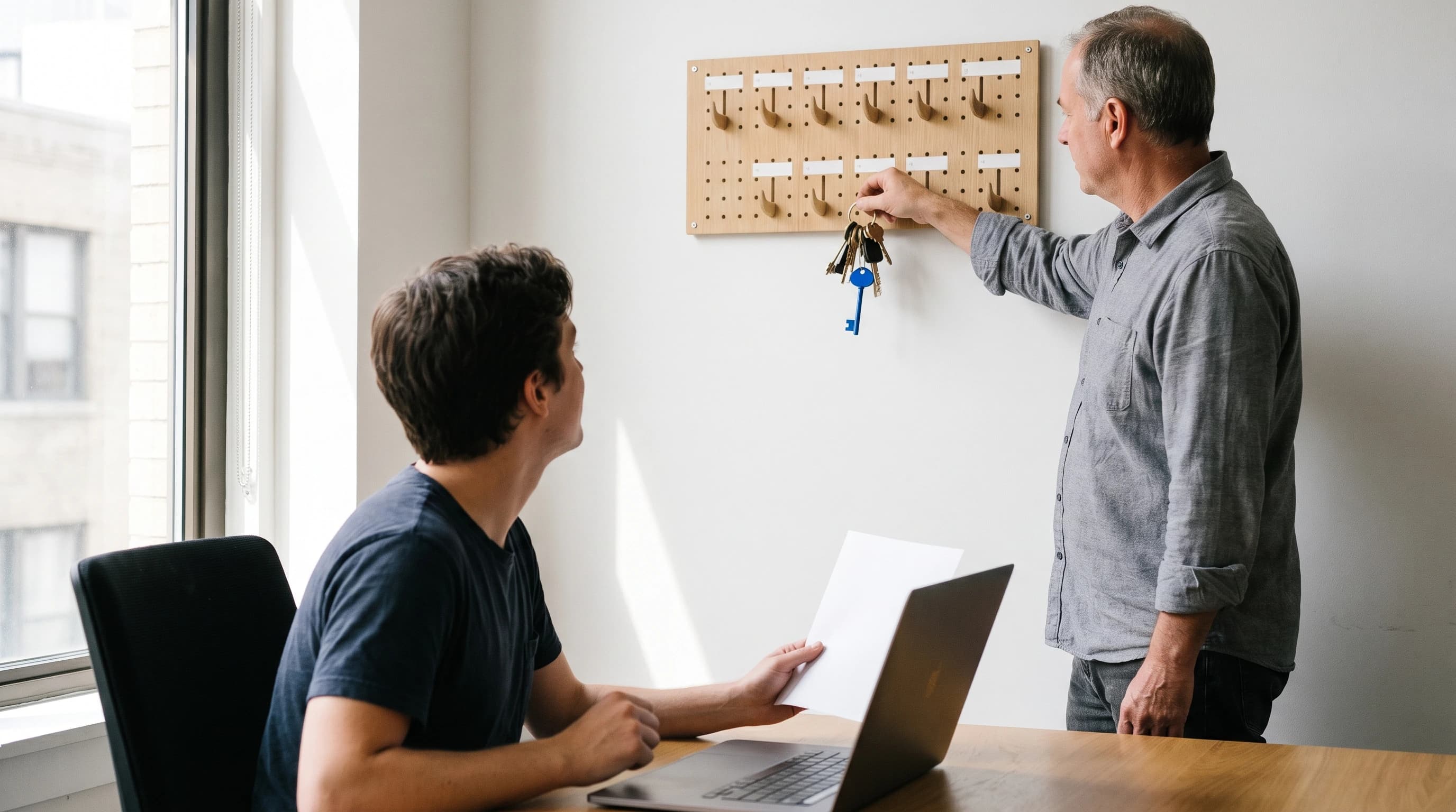Een IT-medewerker hangt negen verschillende sleutels aan een houten sleutelbord met lege haakjes, terwijl een collega met een laptop en een uitgeprint overzicht meekijkt
