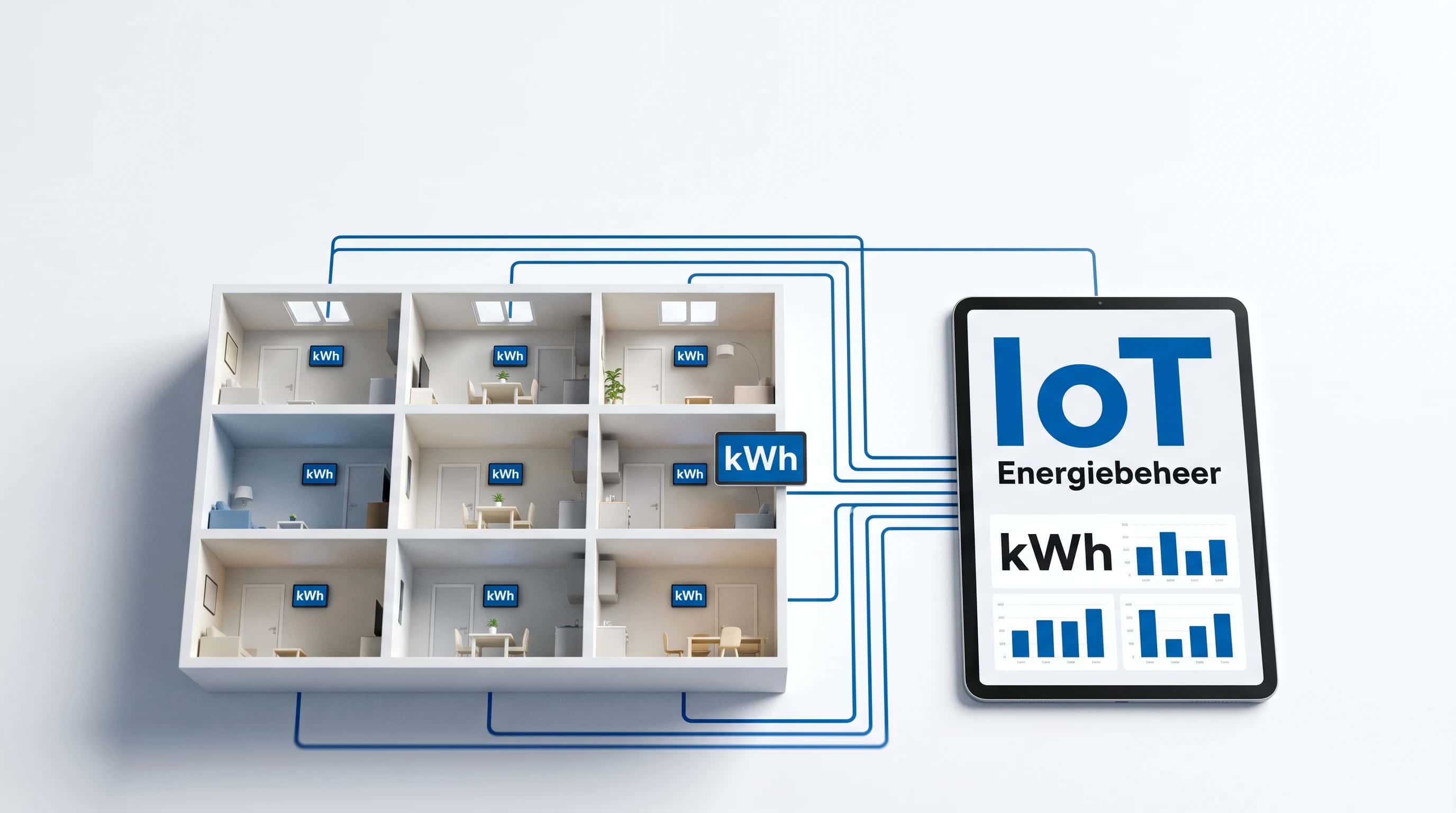 Illustratief: lichte huurwoning met slim energiedisplay aan de wand — beeld bij het huurdersportaal met IoT-energiemonitoring