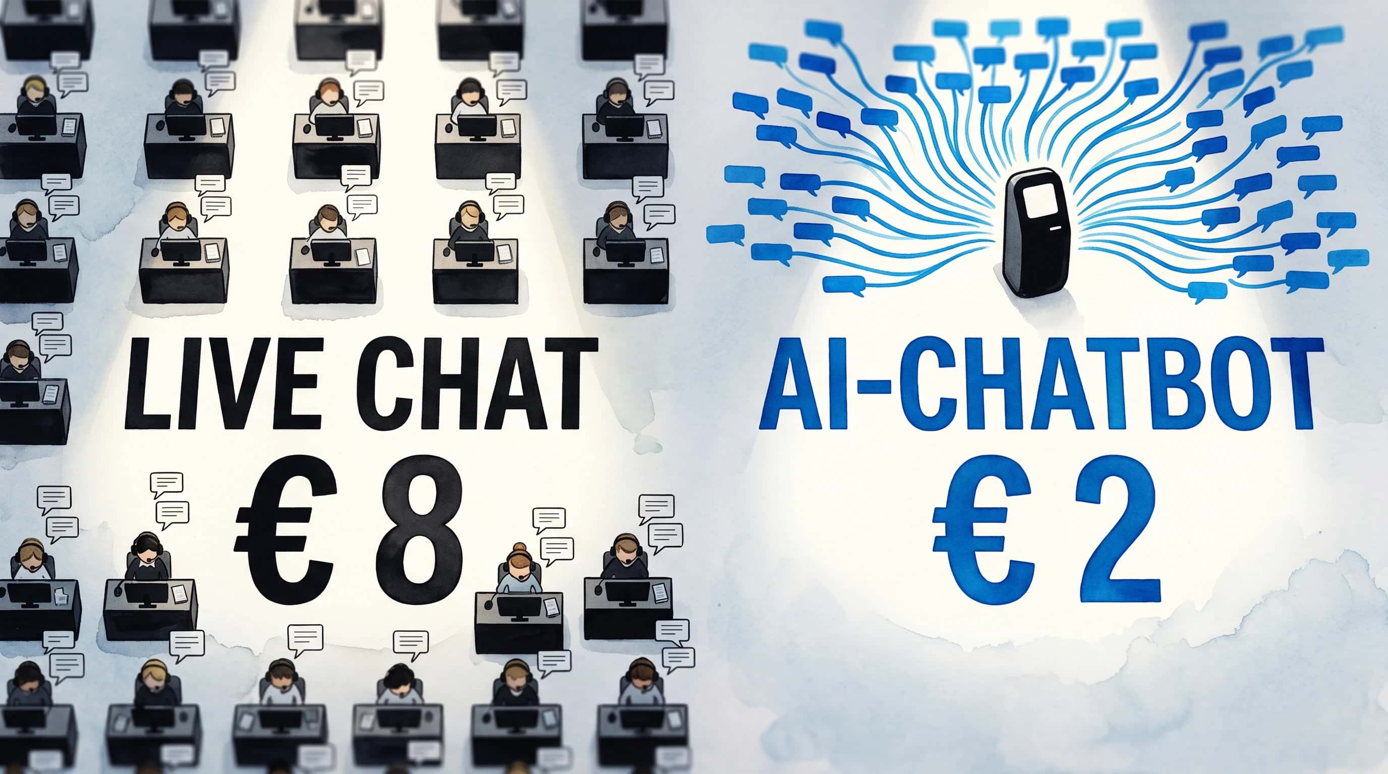 Klassieke telefoonhoorn naast kobaltblauwe smart speaker — vergelijking persoonlijke live chat versus AI-chatbot automatisering