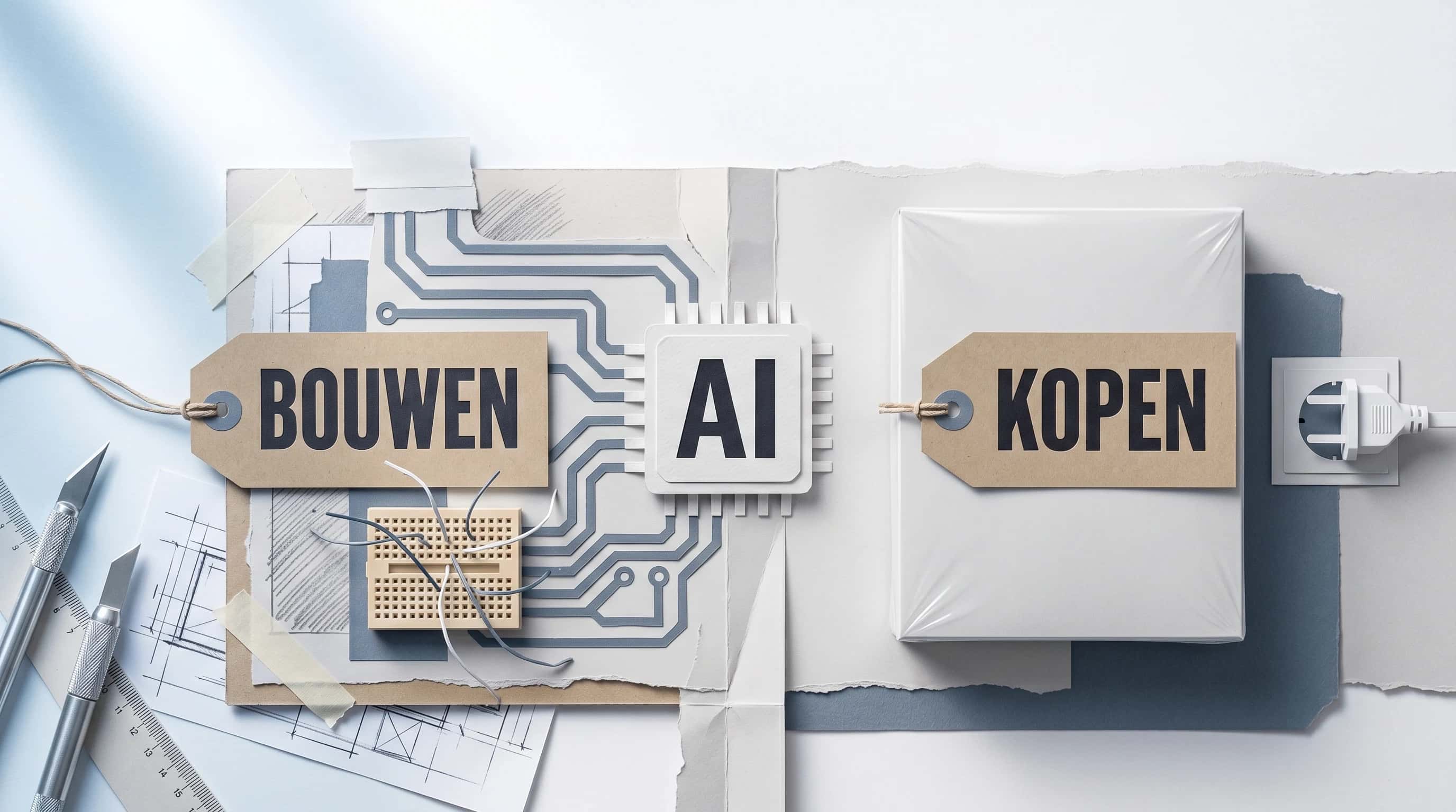 Rol maatpak-stof met meetlint naast kant-en-klaar overhemd in doos — afweging custom AI-ontwikkeling versus standaard AI-oplossingen
