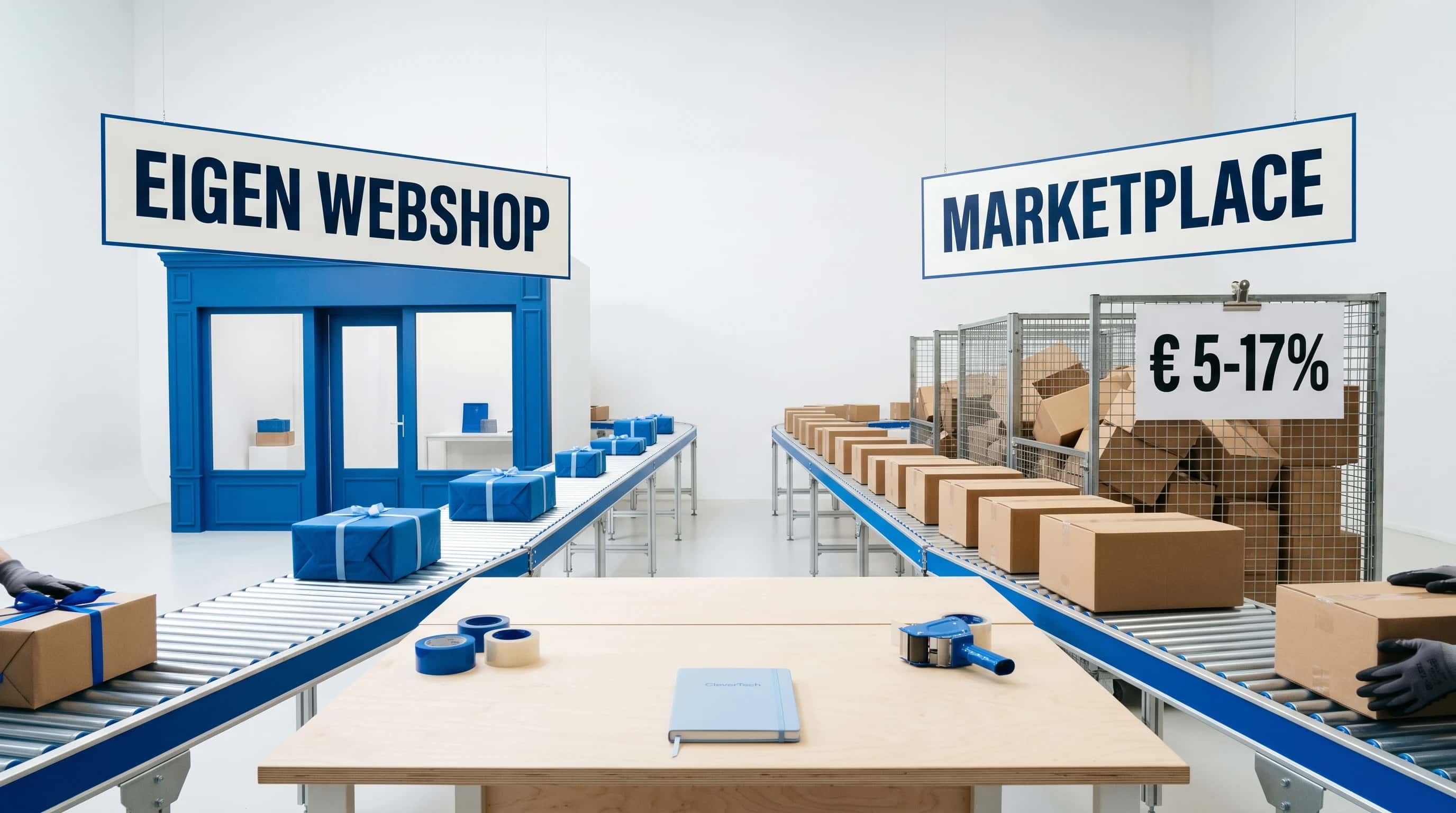 Eén onderscheidende blauwe geschenkdoos naast stapel identieke kartonnen dozen — metafoor voor een eigen webshop versus grote marktplaatsen