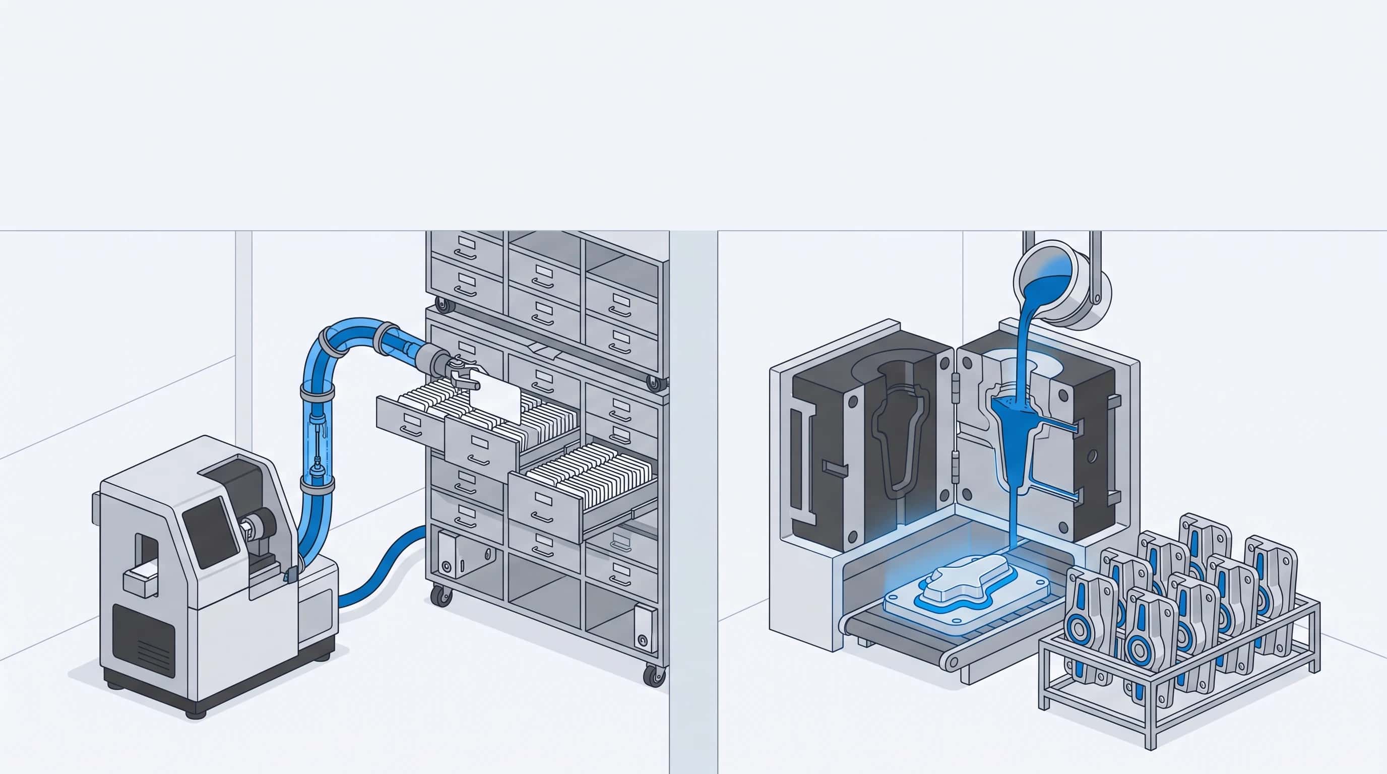 Machine die per vraag één kaart uit een externe kaartenbak haalt naast een gieterij die het patroon permanent in het materiaal giet — kennis buiten het model tegenover kennis in de gewichten
