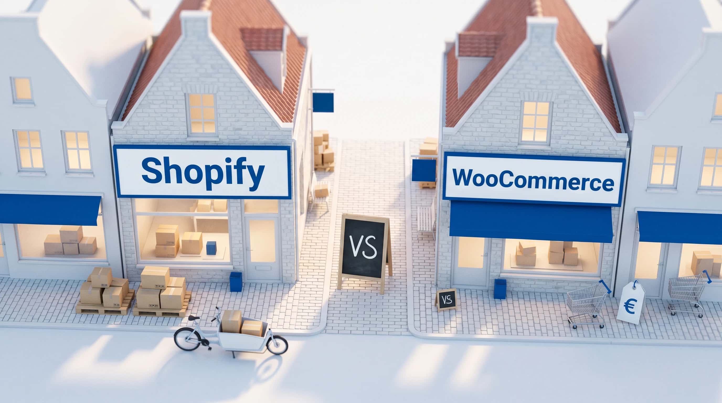 Kant-en-klaar blauw modelhuis naast bouwpakket van losse houten onderdelen — metafoor voor de keuze tussen Shopify en WooCommerce