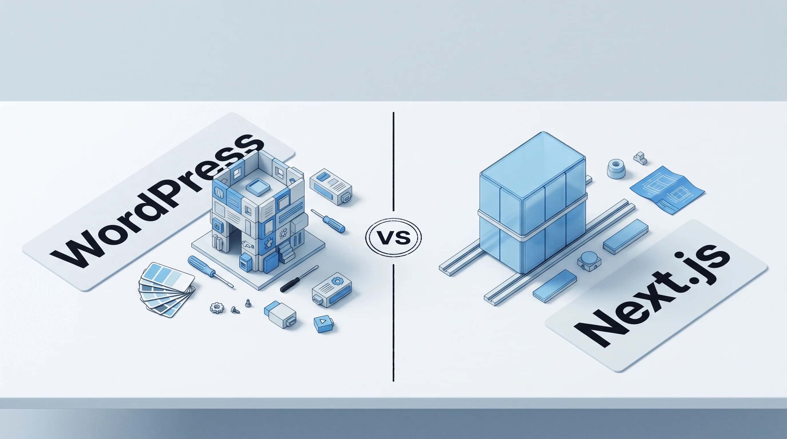 Klassiek sierlijstwerk naast strak kobaltblauw aluminium profiel — metafoor voor WordPress vs Next.js