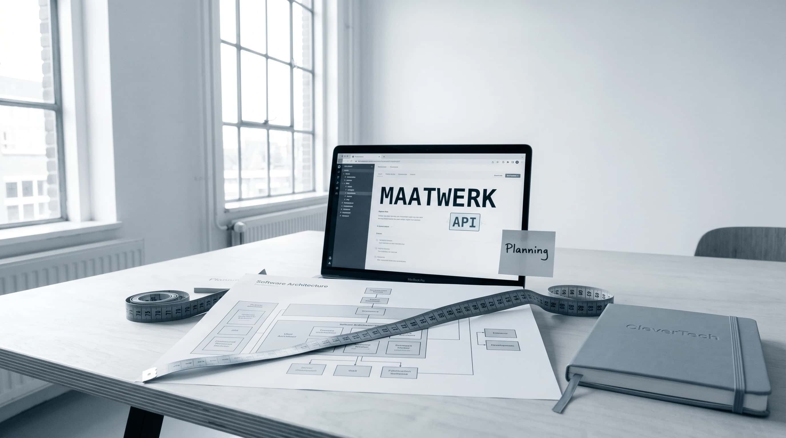 Software-architectenbureau met gestapelde transparante bouwtekeningen gelabeld Frontend, Backend, API en Database die oplichten waar ze verbinden, met een naamplaatje Maatwerk Software en een koperen bureaulamp