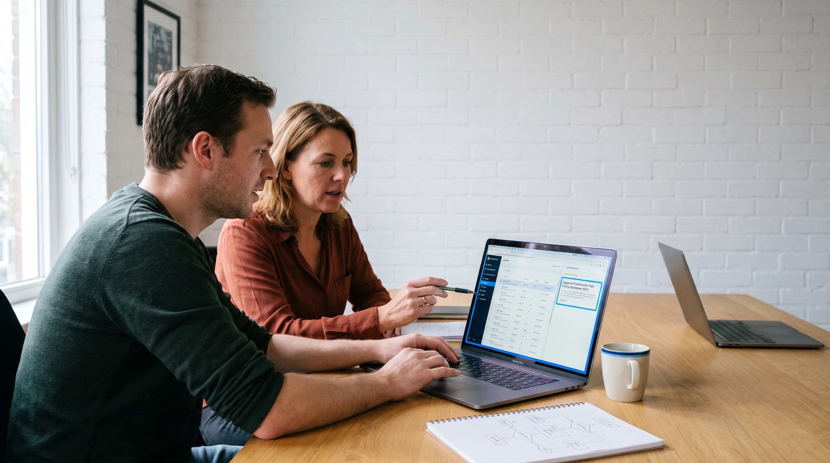 Werkplek met een opengeklapt softwarescherm waarin één paneel oplicht als AI-functie, met daarnaast een kaartenbak met vijf gelabelde patronen en een koperen weegschaal