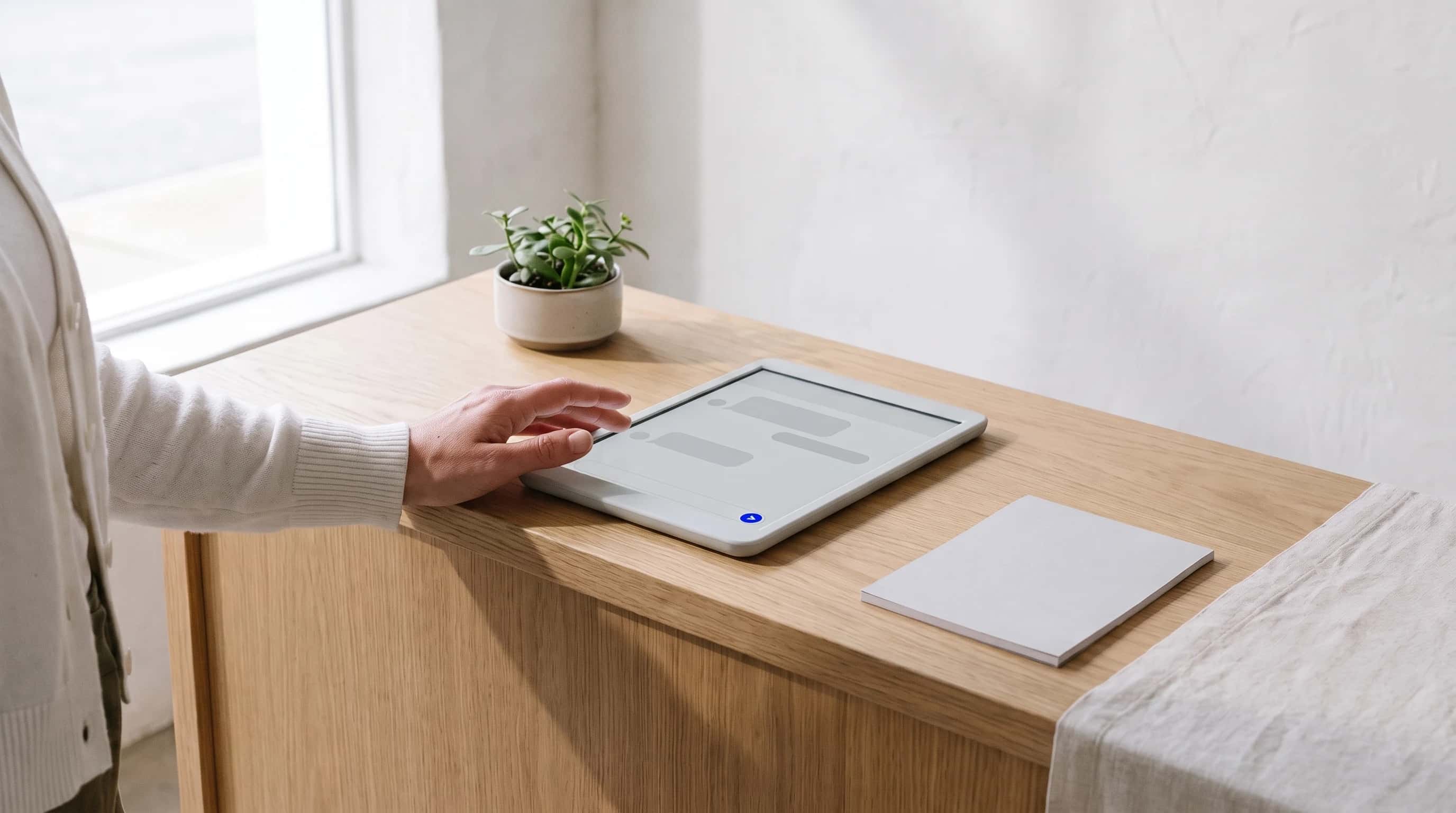 Hand bij een tablet op een eiken bureau met grijze gespreksballonnen en één blauwe verzendknop; ernaast ligt een stapeltje papier.
