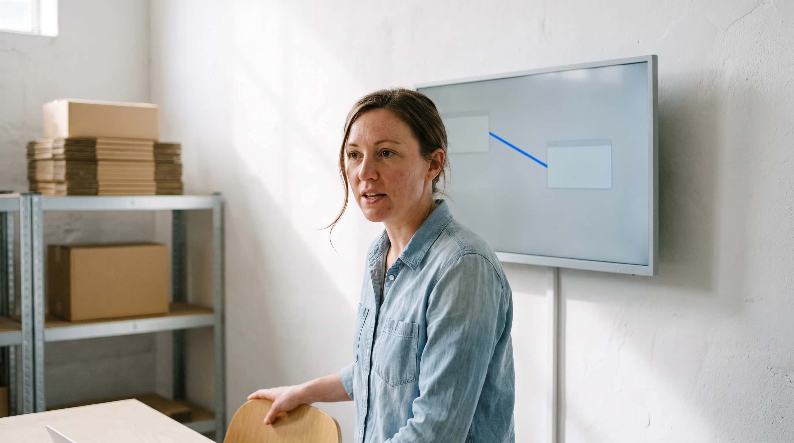 Vrouw in spijkerblouse bij een wandscherm met twee blokken die door één blauwe lijn verbonden zijn.