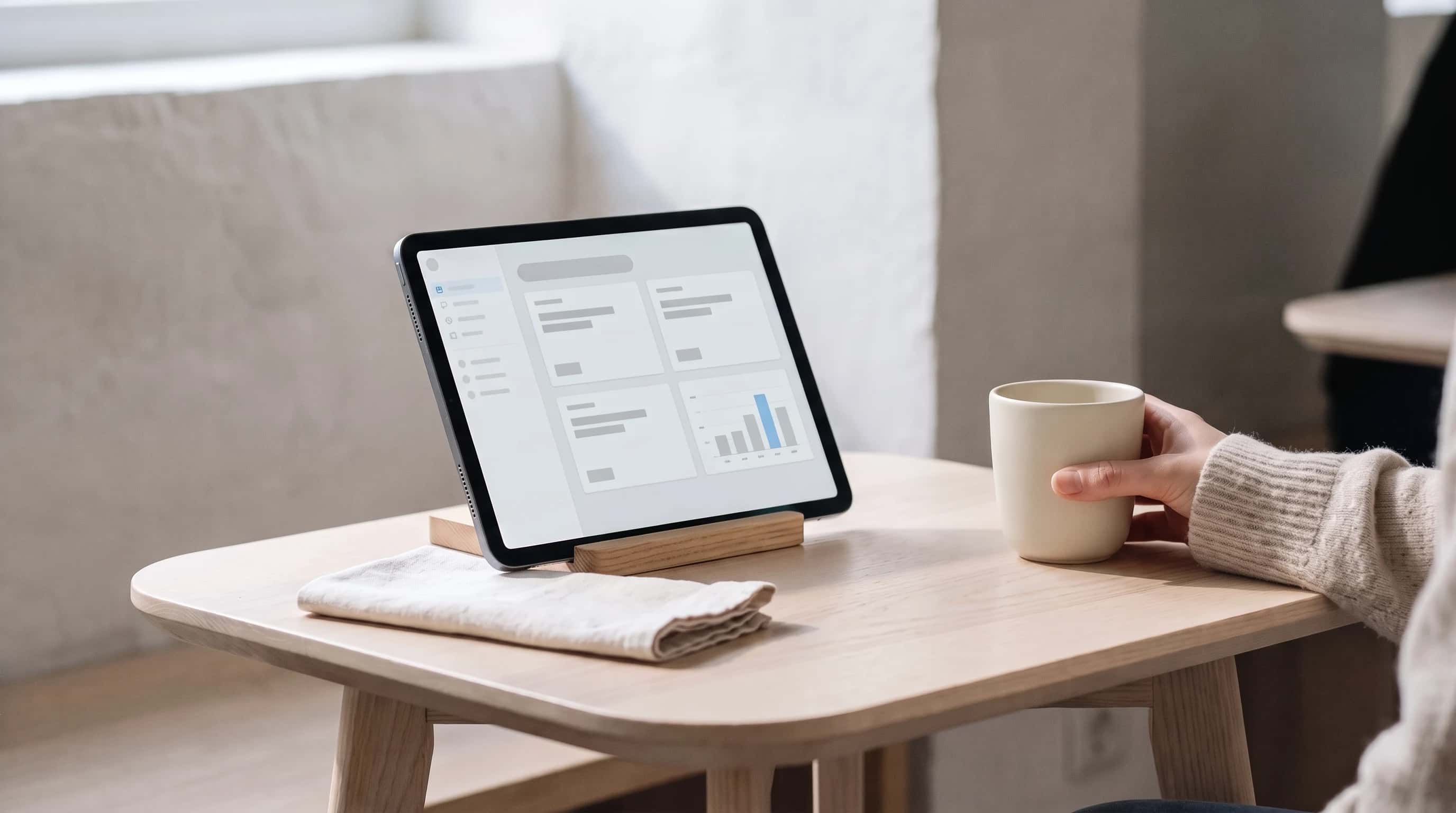 Tablet op een standaard op een lichte cafétafel toont een campagnedashboard met één blauwe balk; een hand houdt ernaast een kopje vast.