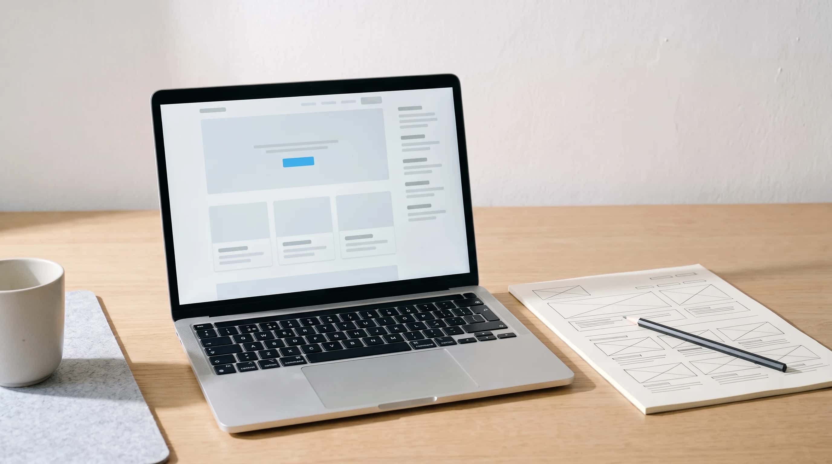 Laptop met een website-indeling in wireframe naast een geprint schetsvel met potlood op een licht eiken bureau, één blauwe knop.
