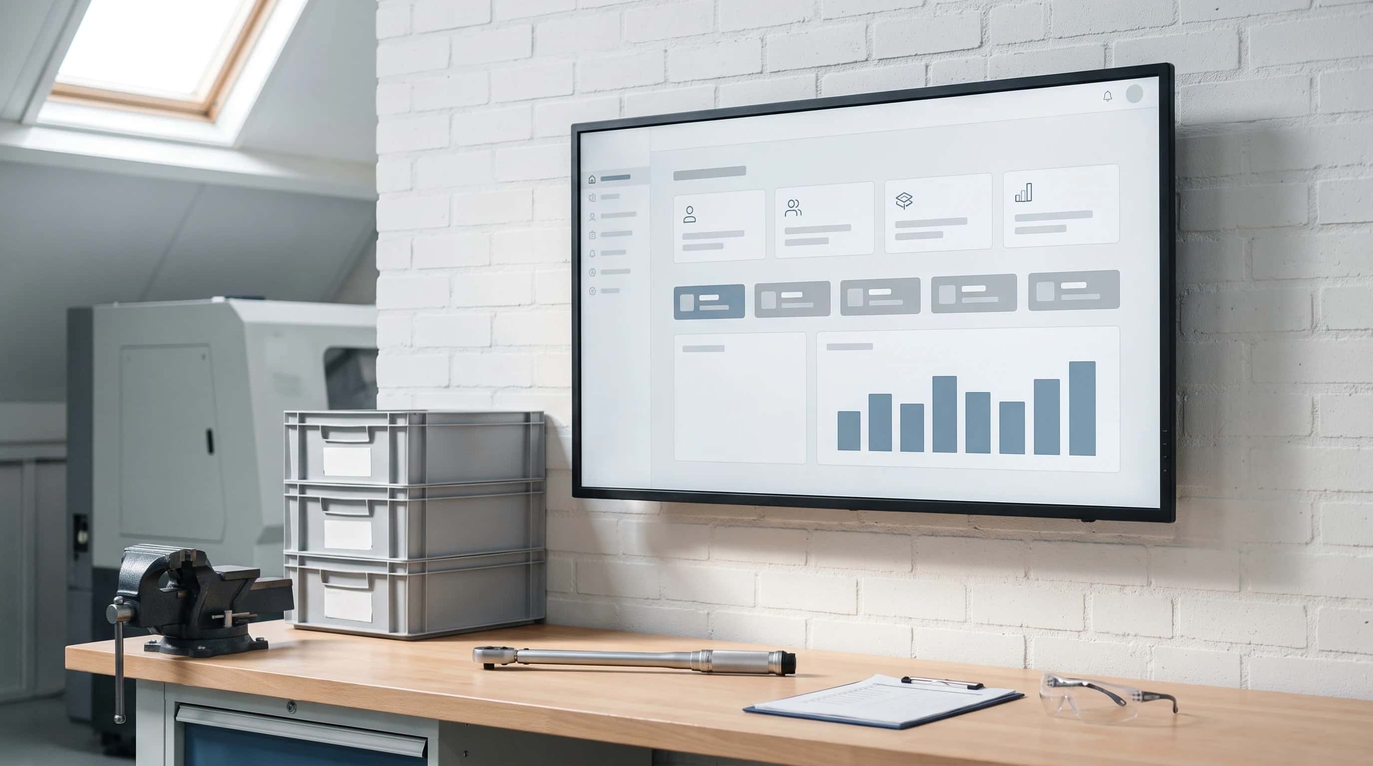 Wandscherm met een rustig procesdashboard boven een werkbank met bankschroef en stapelkratten in een productiehal