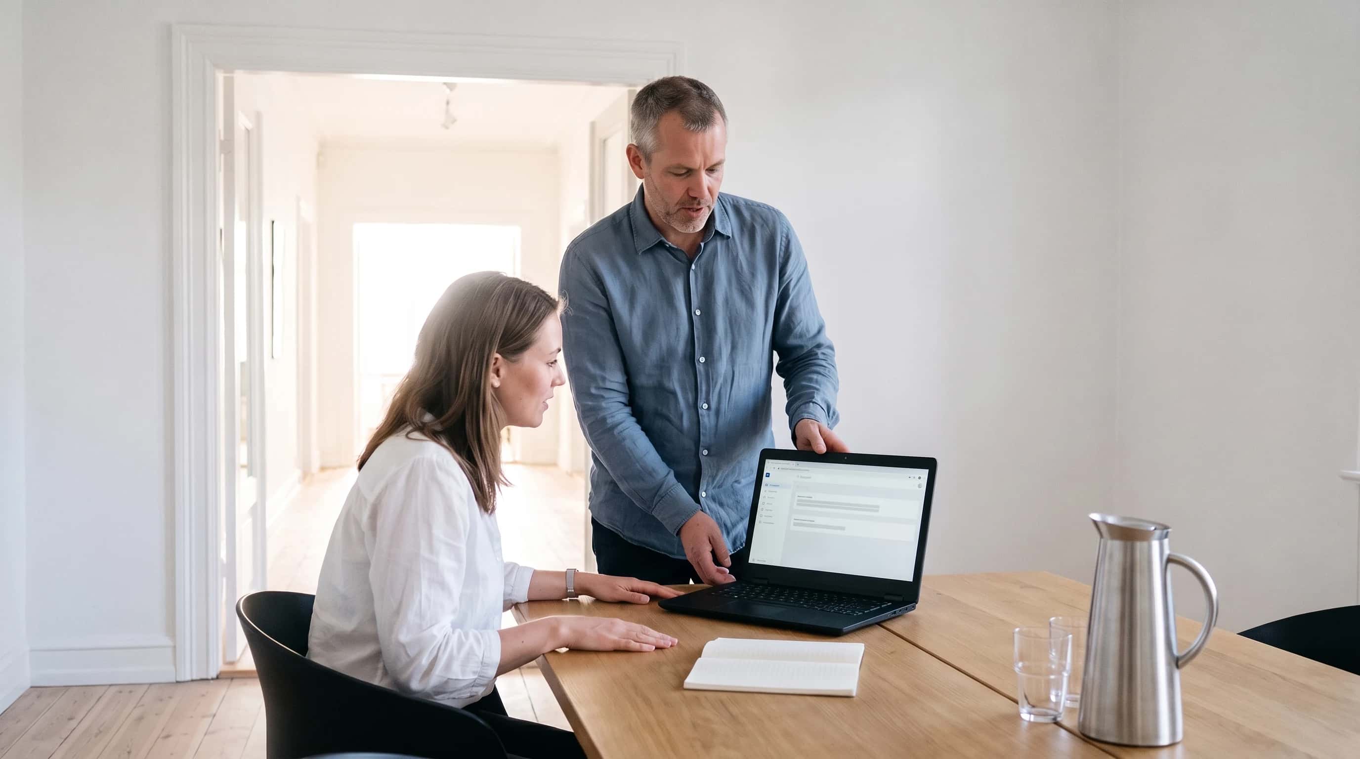 Ontwikkelaar toont een klant een werkende app op een laptop aan een houten tafel in een lichte kantoorruimte
