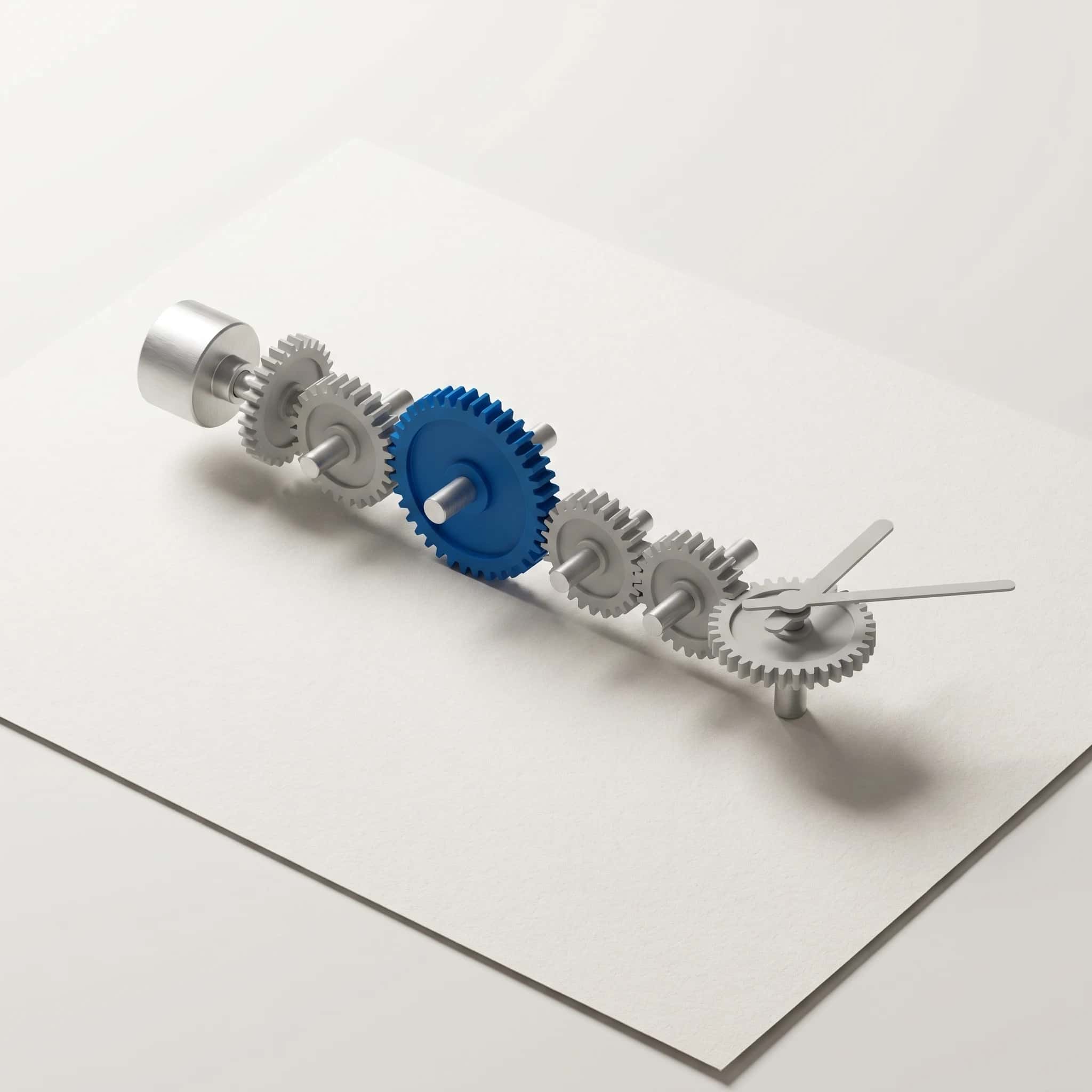 Render van een tandwielketen tussen een aandrijfas en twee wijzers, met één blauw tandwiel