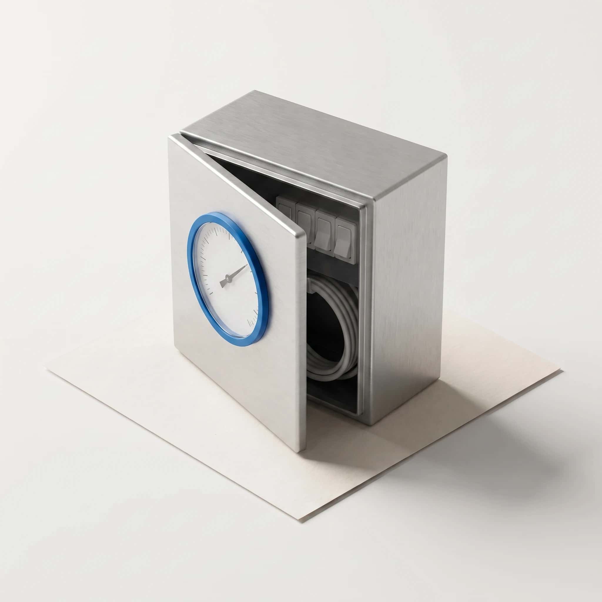 Render van een geborsteld aluminium meterkastje met open deur en een blauwe meterring