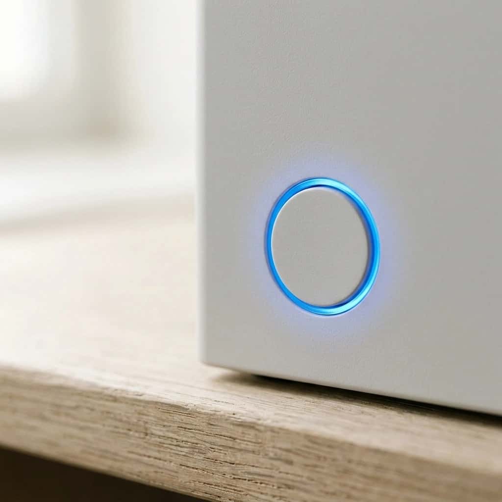 Ronde aan-uitknop in een lichtgrijze behuizing met een blauw oplichtende lichtring