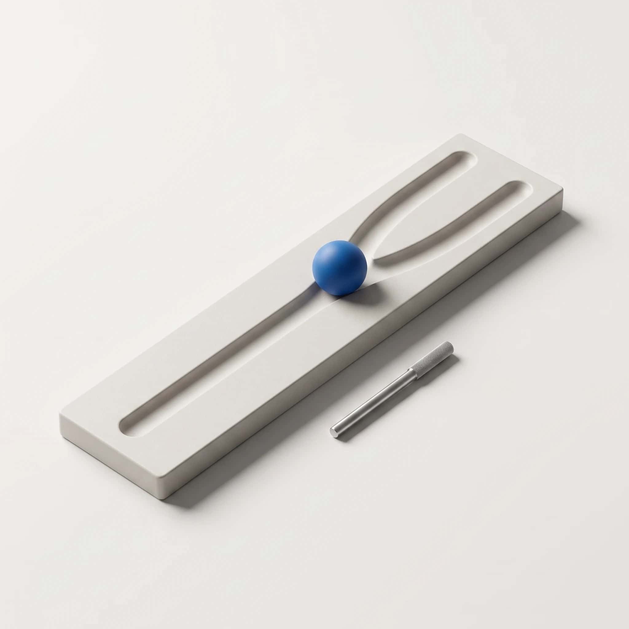 Lichtgrijze matte baan met een gleuf die zich splitst in twee sporen, met een blauwe bal op het splitsingspunt