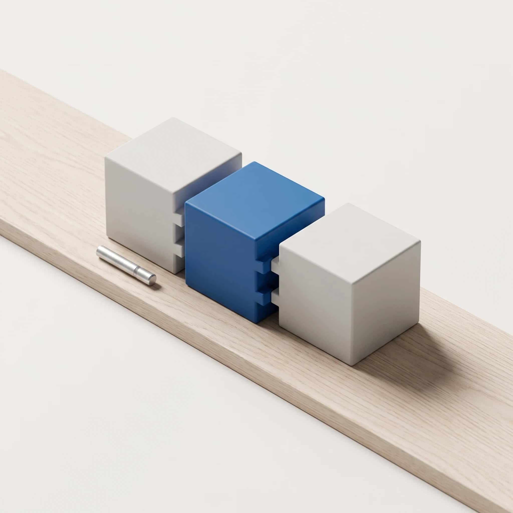 Render van drie in elkaar grijpende blokken op een eiken lat, het middelste blauw