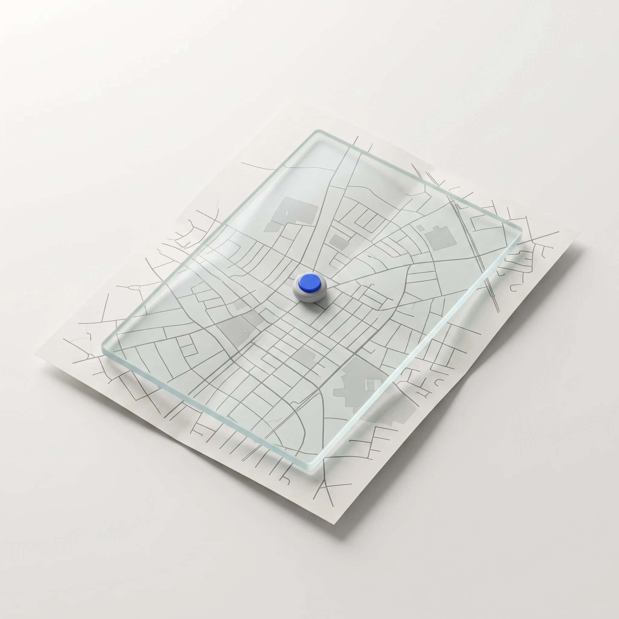 Render van een glasplaat op een papieren stadsplattegrond, met één blauwe speld in het midden