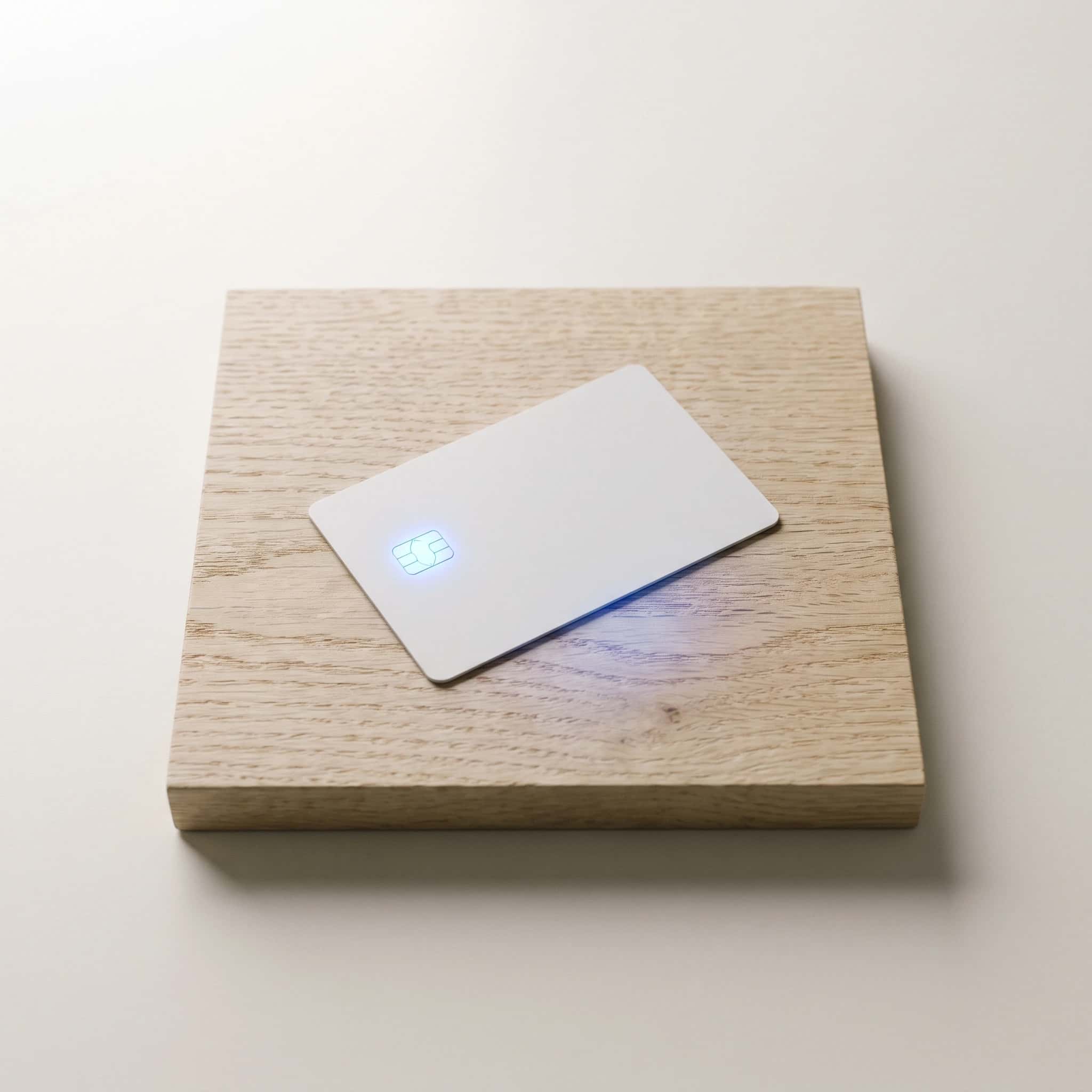 Render van een mat wit softwarepaneel met een blauw oplichtende chip op de plek van één knop
