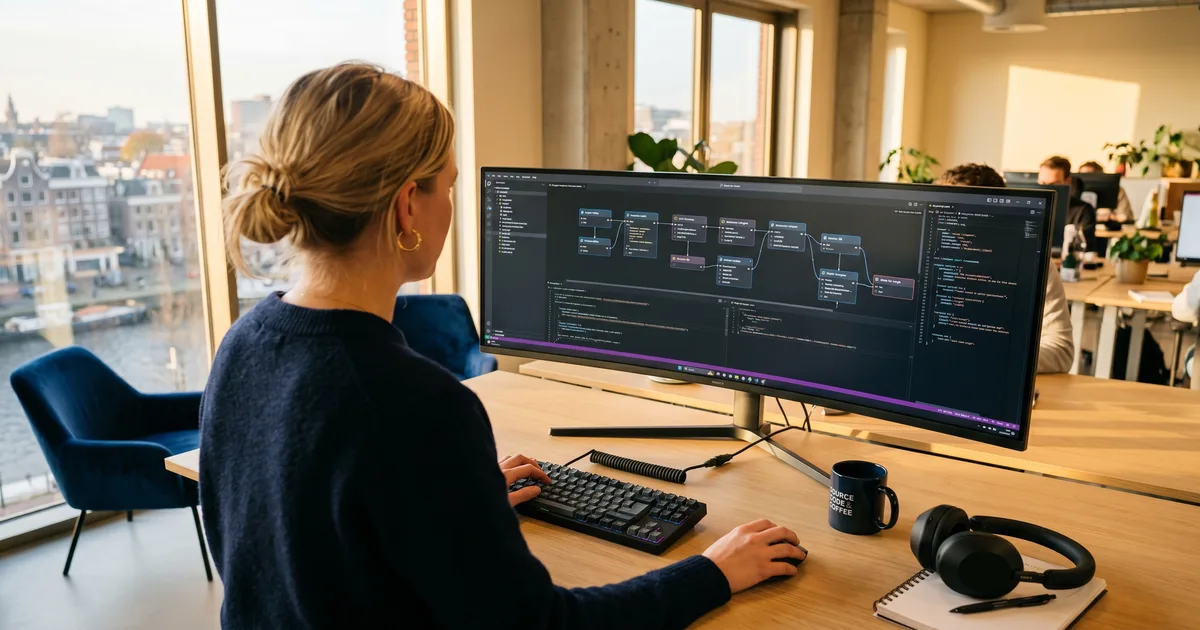 Schematische weergave van een AI-agent architectuur met framework, tools en integraties
