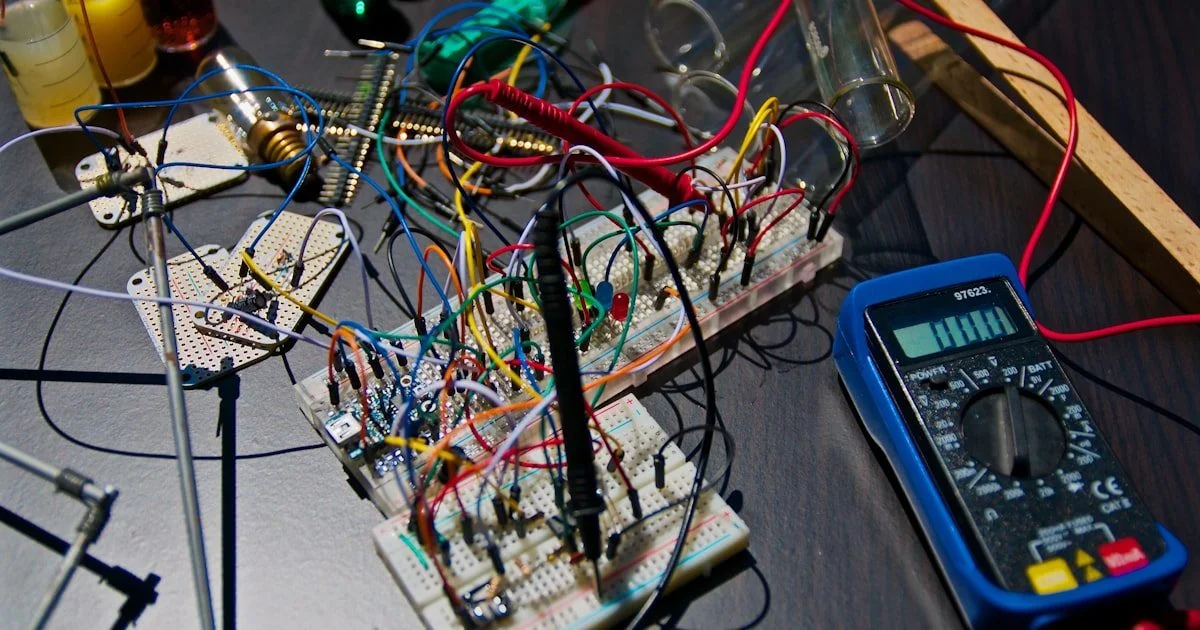 Elektronische printplaten naast een testapparaat voor kwaliteitscontrole in de productie