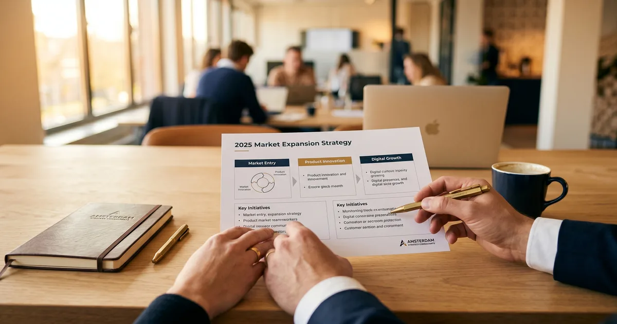 Strategiedocument op een bureau met vijf blokken van een AI-strategie canvas voor het MKB