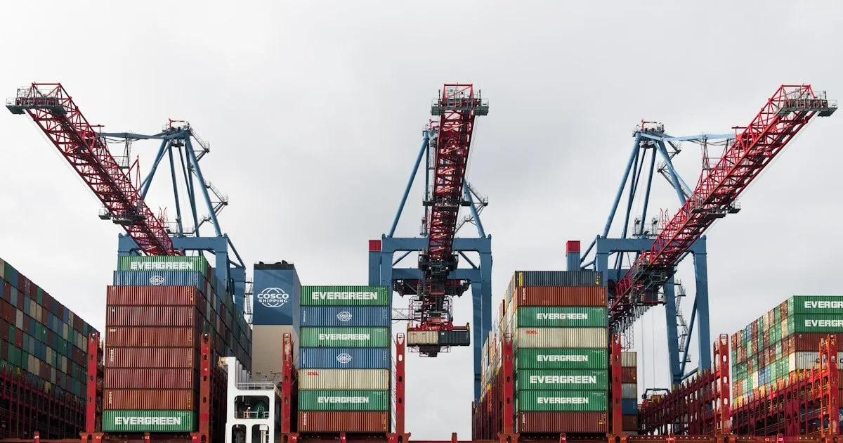 Havenkranen laden zeecontainers op een groot vrachtschip in de haven voor supply chain logistiek