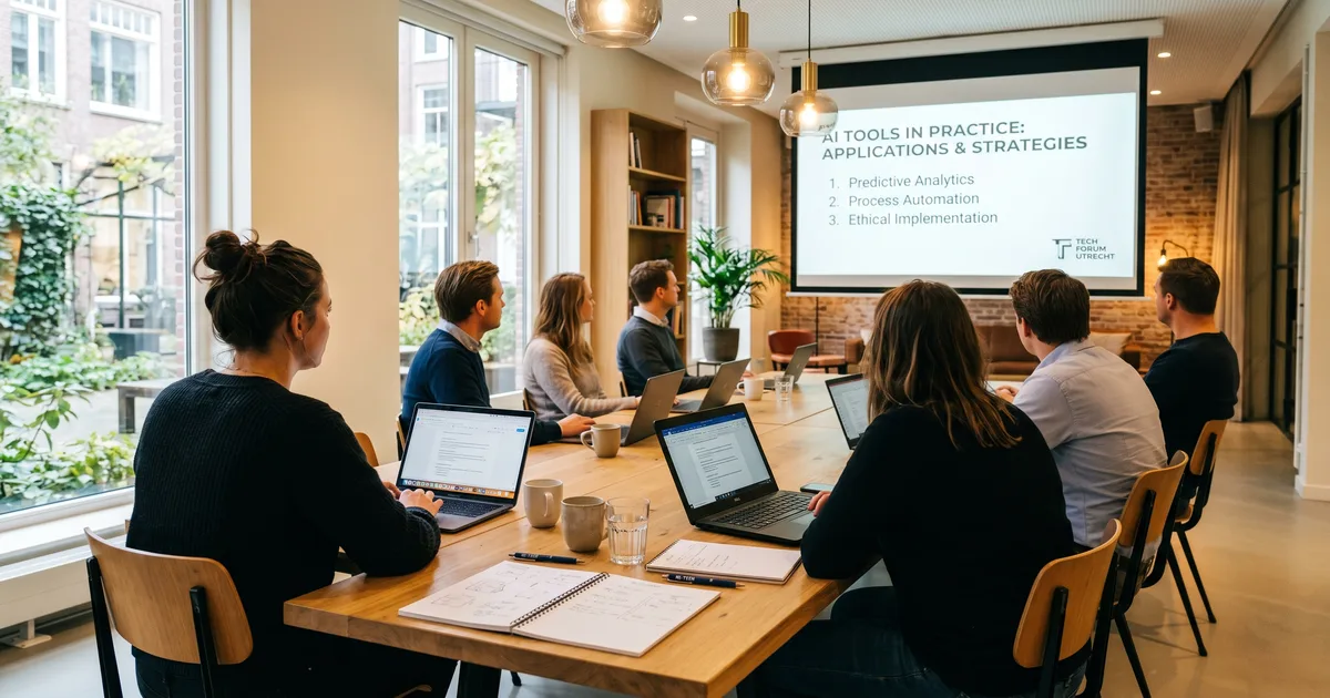 Medewerkers in een MKB-kantoor volgen een AI training op laptops met dashboards en leerplatforms