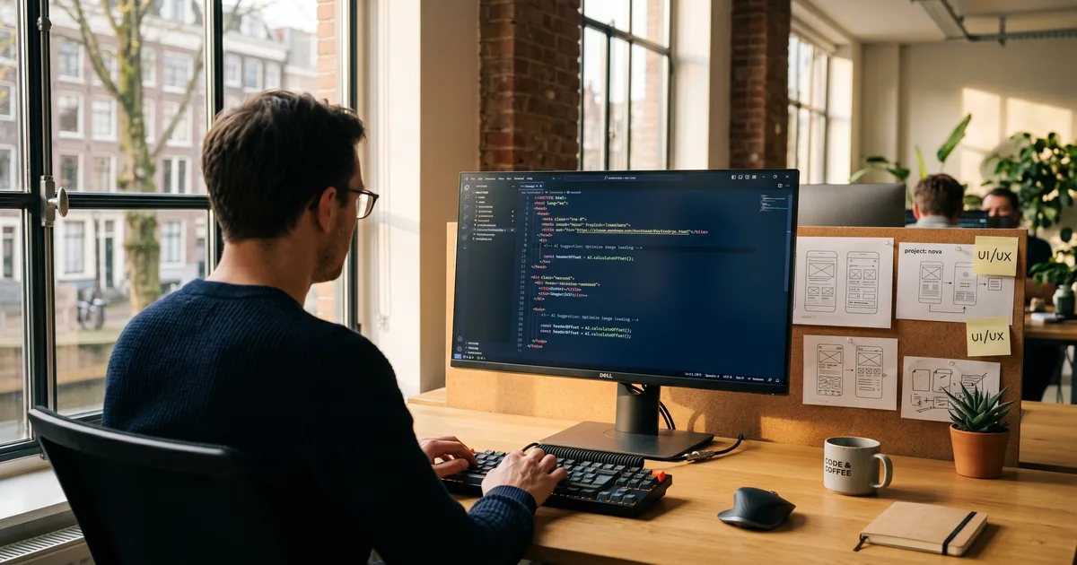 Developer werkplek met code-editor en AI-assistent suggesties op het scherm, symbool voor AI-ondersteund website bouwen