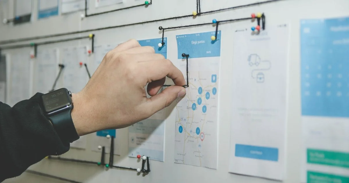 UX-designer werkt aan procesflow op whiteboard met post-its, symbool voor het analyseren en optimaliseren van bedrijfsprocessen met AI