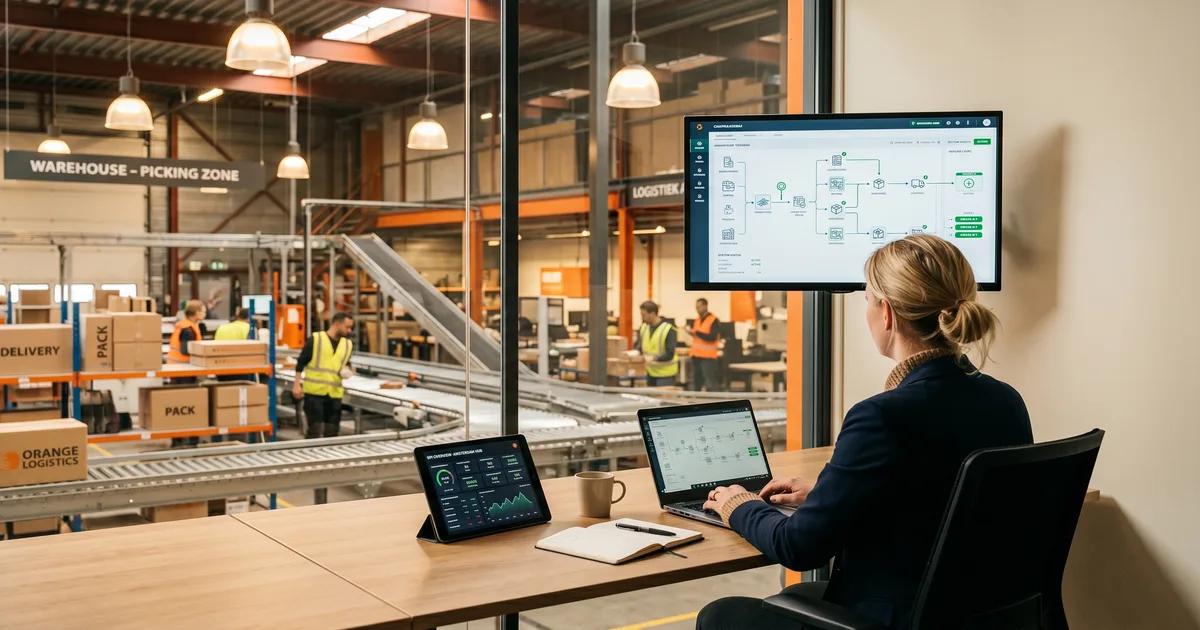 Schematische weergave van geautomatiseerde bedrijfsprocessen met AI-gestuurde workflows en data-koppelingen
