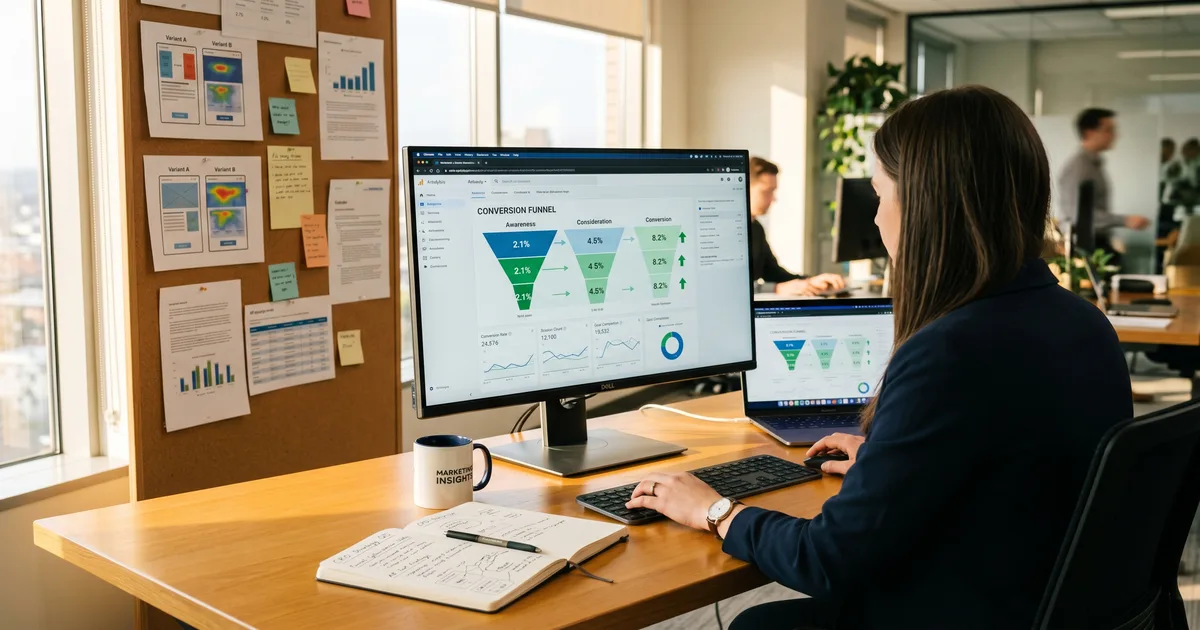 Conversie-analysegrafieken en CRO-optimalisatieresultaten voor zakelijke website leadgeneratie