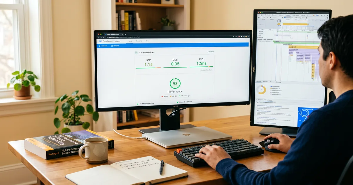 PageSpeed Insights dashboard met groene scores voor LCP, INP en CLS — symbool voor geoptimaliseerde Core Web Vitals