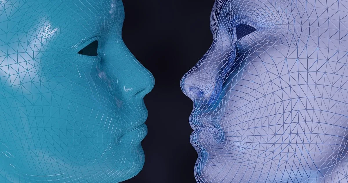Blauwe en witte mannequin die elkaar aankijken als symbool voor deepfake-technologie en digitale identiteitsfraude