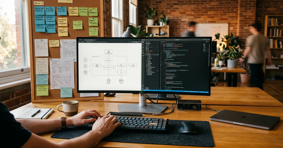 Webapplicatie-architectuurdiagram met frontend, backend en database componenten voor MKB-ontwikkeltraject