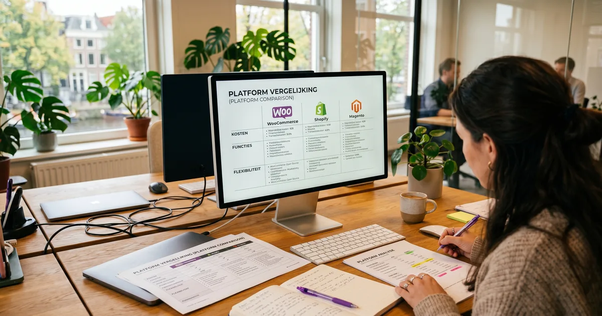 Vergelijking van webshop platforms Shopify WooCommerce Lightspeed en Magento met kosten en functies voor Nederlandse ondernemers
