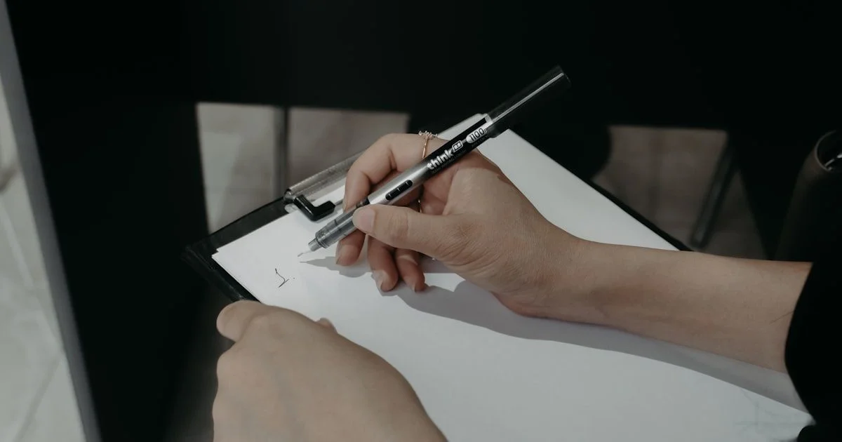 Handen schrijven op een klembord met pen — website briefing document en checklist opstellen voor een webbureau