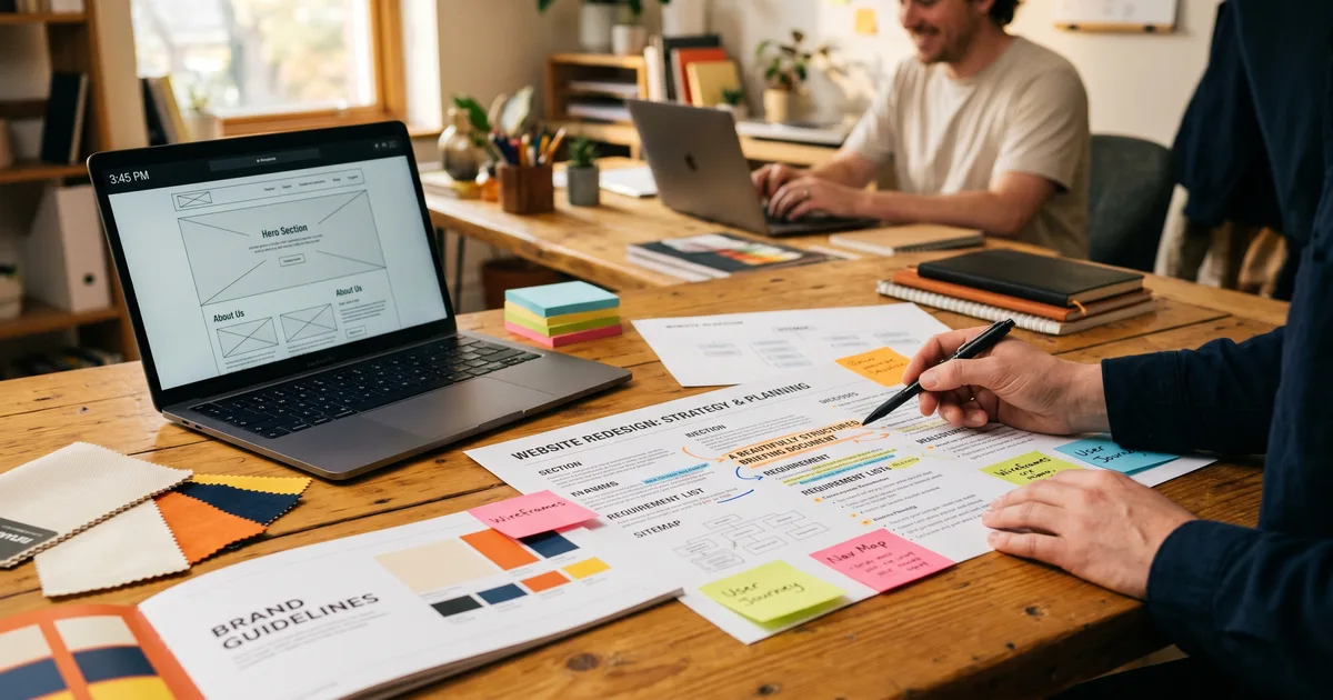Ondernemer werkt aan een website briefing document met template en checklist op bureau
