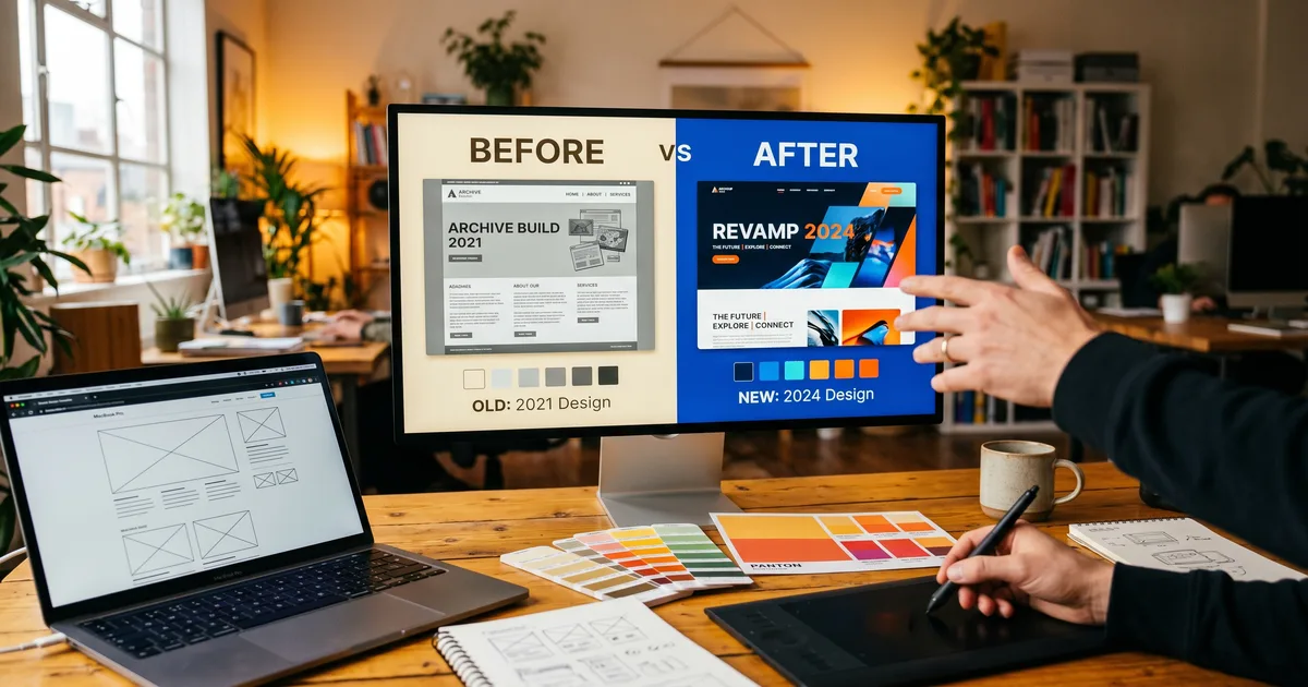 Splitscreen van verouderd websitedesign naast modern responsive design op laptop en smartphone