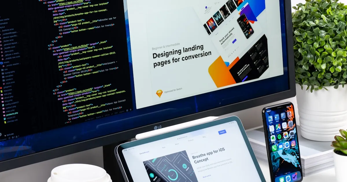 Laptop met een website builder interface open op een minimalistisch houten bureau