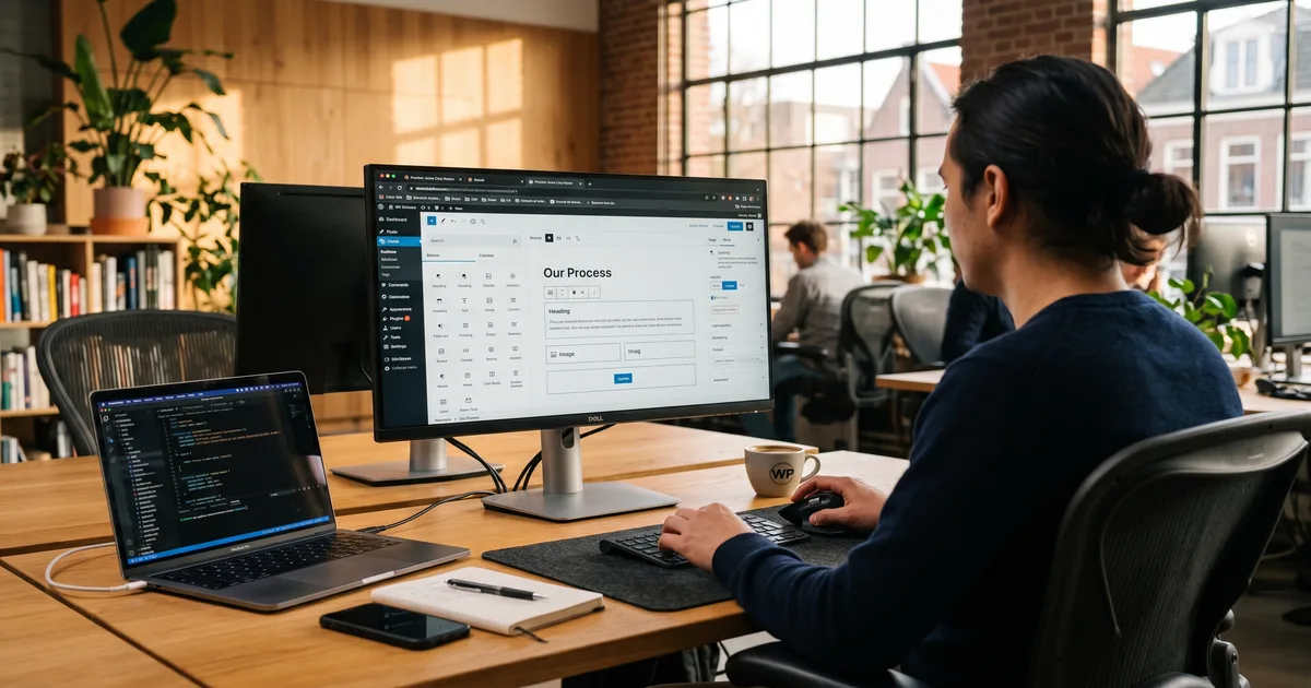 WordPress dashboard met pagina-editor en plugin-overzicht op een desktop scherm — symbool voor WordPress website laten maken